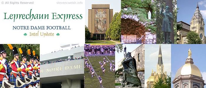 Leprechaun Express: Notre Dame Football Intel Update montage, featuring Hesburgh Memorial Library with Christ with Arms Upraised, the Notre Dame Lourdes Grotto, Washington Hall, the Irish Guard, Notre Dame Stadium Facade with portion reading Notre Dame, We're #1 Moses Sculpture by Ivan Mestrovec, Basilica of the Sacred Heart with Golden Dome, and Golden Dome topped by statue of the Blessed Virgin Mary trampling a serpent as Our Lady the Immaculate Conception (c) Steven C. Welsh