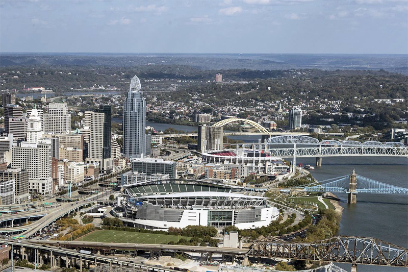 Cincinnati Downtown and Ohio River, adapted from  loc.gov image with photo credit to Carol Highsmith