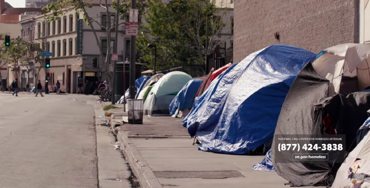 Tents on Urban Sidewalk, and Graphic with VA Hotline Number, adapted from va.gov image