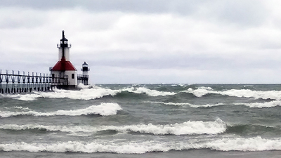 Lighthouses on Pier on Turbulent Waters