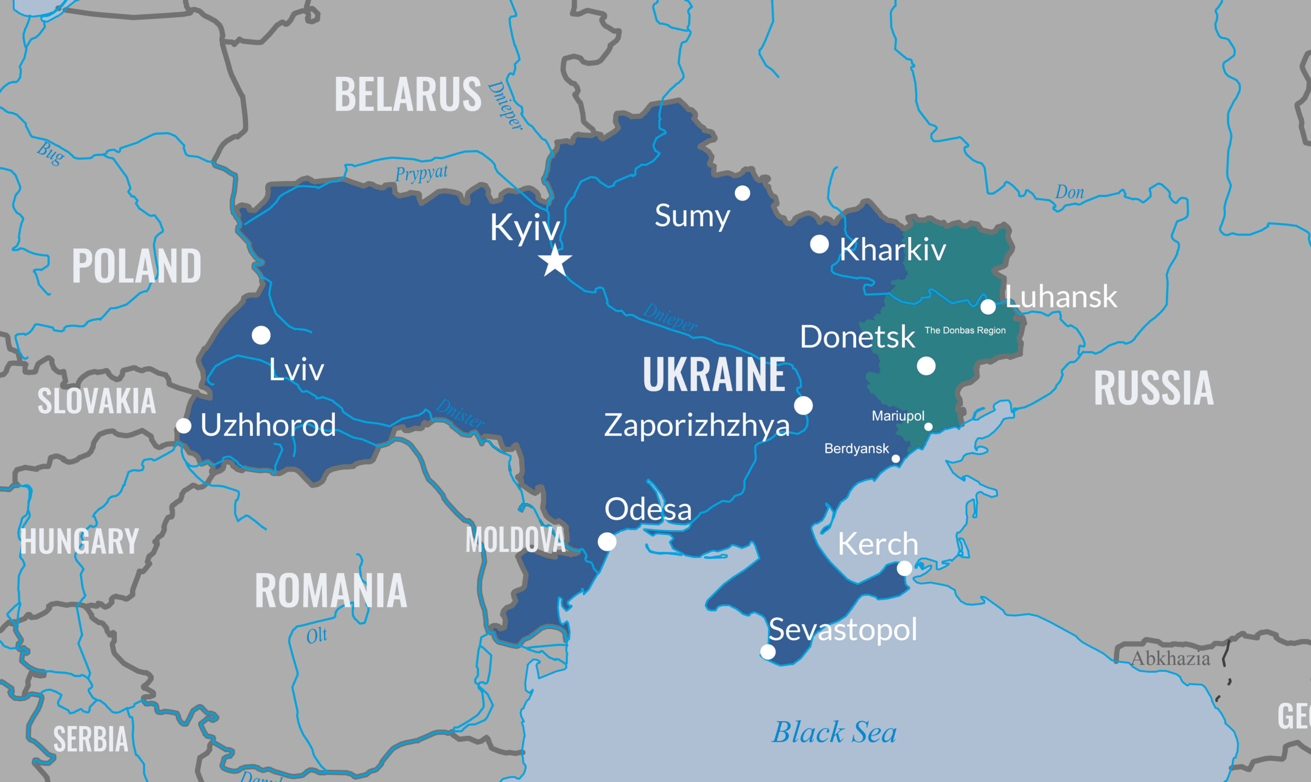Ukraine Map Highlighring Donbas, adapted from DOD image with photo credit to Peggy Frierson