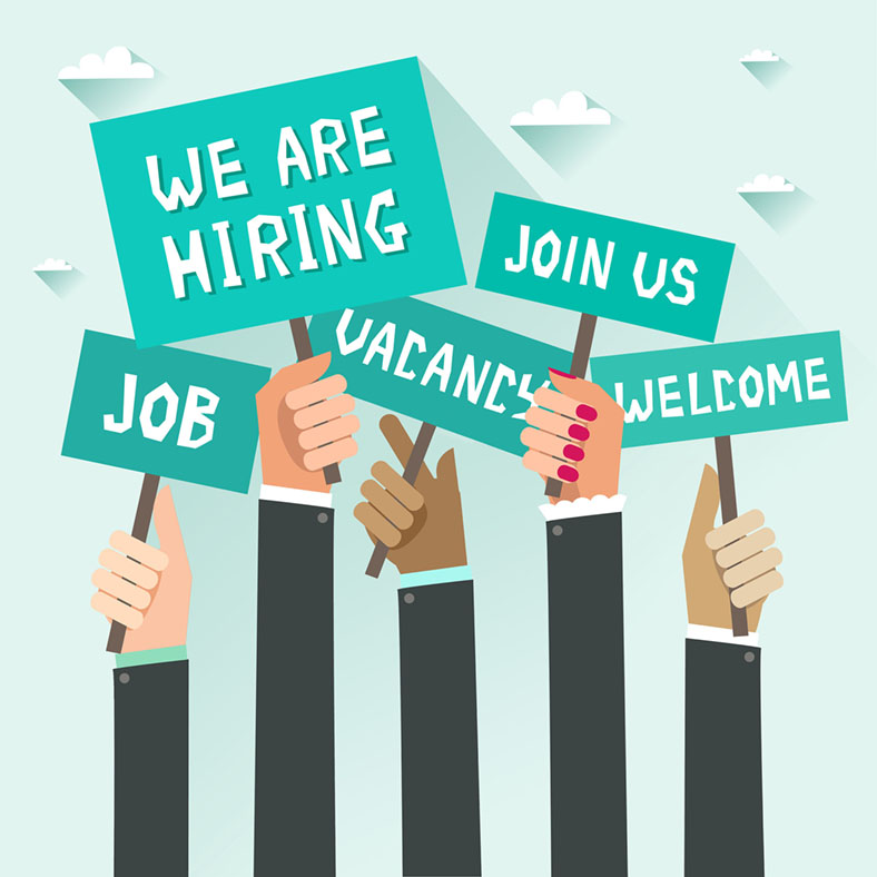 Cartoon of Arms Holding Up Signs Saying Job, We Are Hiring, Join Us, Vacancy, Welcome