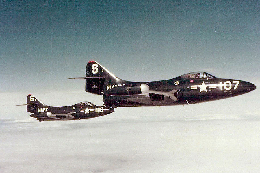 File photo of two Grumman F9 Panther fighter jets adapted from war.gov photo, with second plane piloted by Neil Armstrong