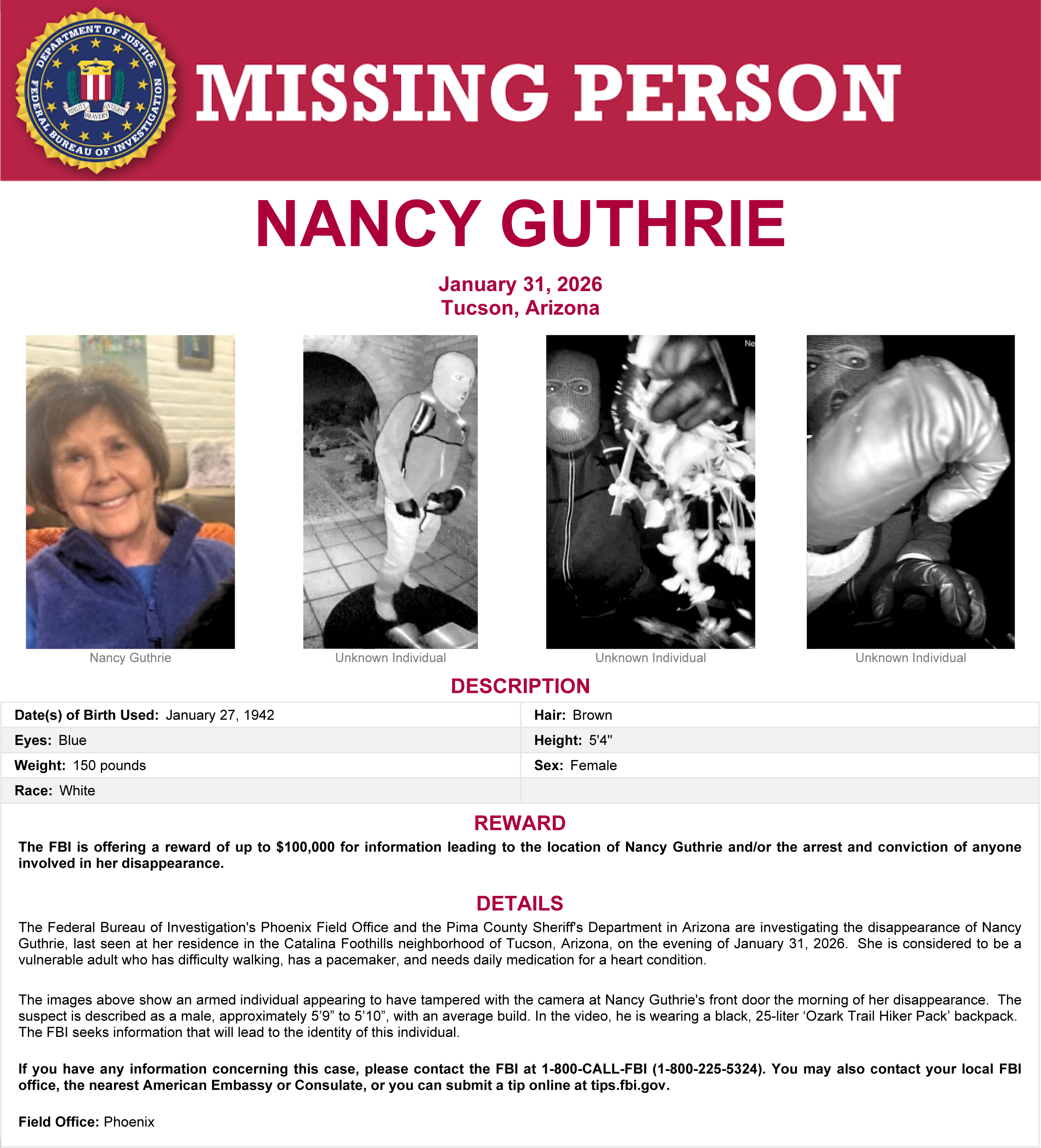 Nancy Guthrie Missing Person Poster,. adapted from image at fbi.gov