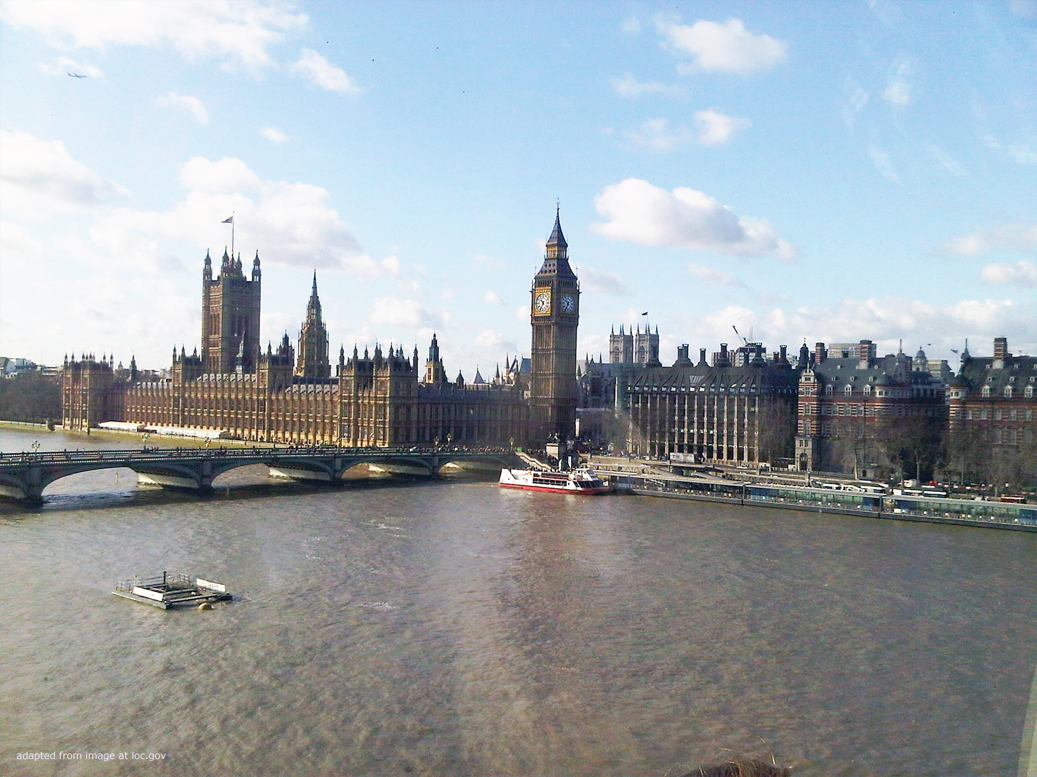 File photo of River Thames, British Parliament, Big Ben, adapted from loc.gov image