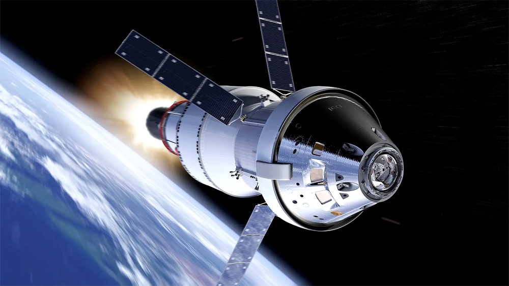 Artist's Rendition of Orion Spacecraft in Flight, with Earth in Background, adapted from nasa.gov image of video still shot