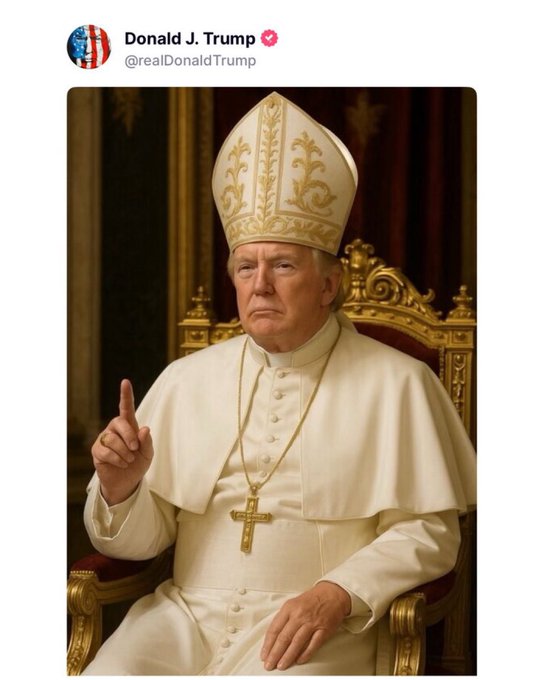 Artist's Rendition of Donald Trump Dressed in Mockery of a Catholic Pope, adapted from White House official twitter/X account image and post