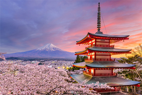 File Photo of Japan with Temple, Mountain, Sunset, Blossoms. adapted from state.gov image