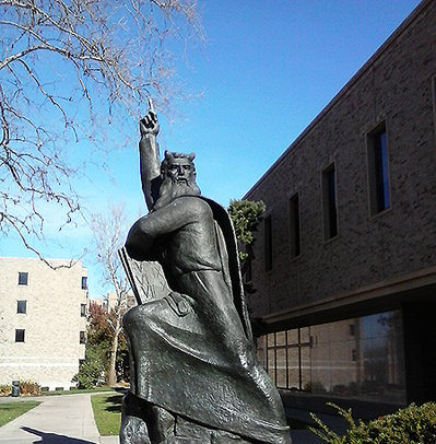 'We're #1 Moses Sculpture by Ivan Meštrović, next to Hesburgh Memorial Library; photo and editing (c) Steven C. Welsh
