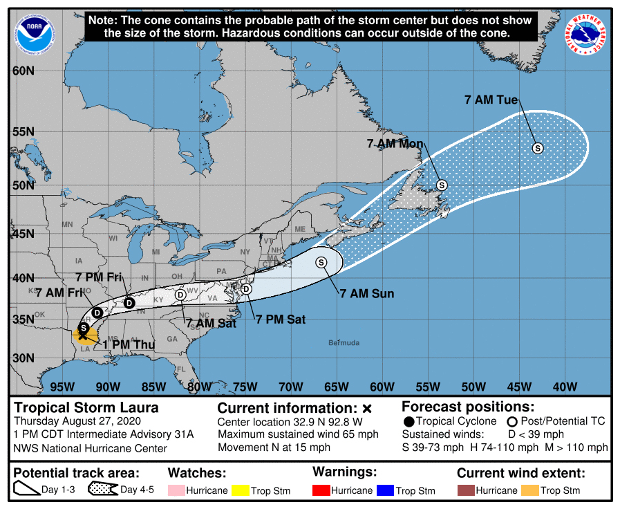 Hurricane Laura Predicted Path - adapted from image at weather.gov