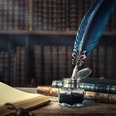 Quill Pen, Inkwell, Books, Table, adapted from image at nih.gov