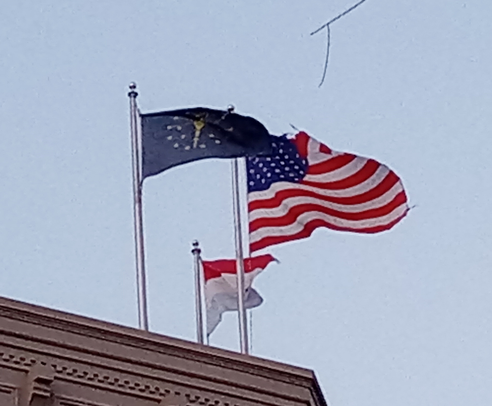 Flags of Luxembour, United States, Indiana Atop Valparaiso Building Housing Jon Costas Mayoral Campaign Office